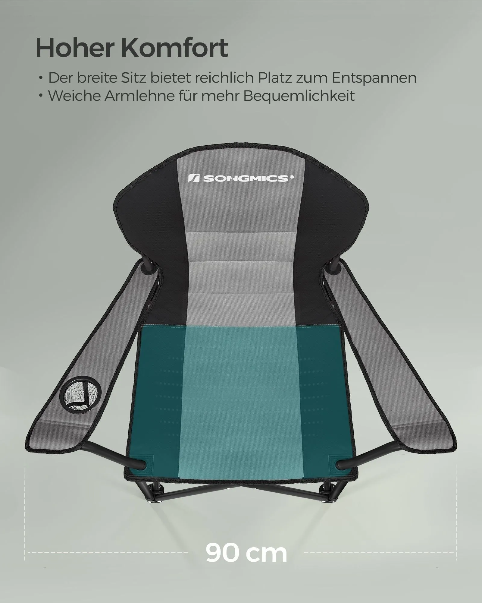 Rootz Gray-Black Camping Chair - Portable Chair - Foldable Seat - 600D Oxford Fabric - Lightweight - Durable - Easy to Carry - 55cm x 90cm x 102cm