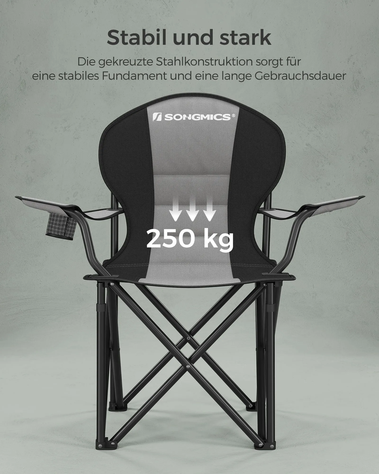 Rootz Gray-Black Camping Chair - Portable Chair - Foldable Seat - 600D Oxford Fabric - Lightweight - Durable - Easy to Carry - 55cm x 90cm x 102cm