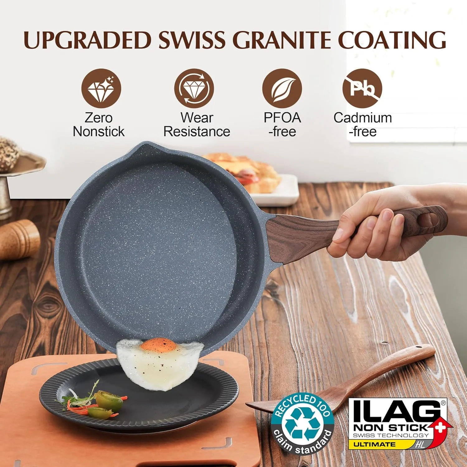 SENSARTE Nonstick Sauce Pan with Double Spout, 3.0 Quarts Swiss Granite Coating Sauce Pot with Lid Medium Kitchen Cooking Pot, Induction Comptable Saucepan, PFOA Free
