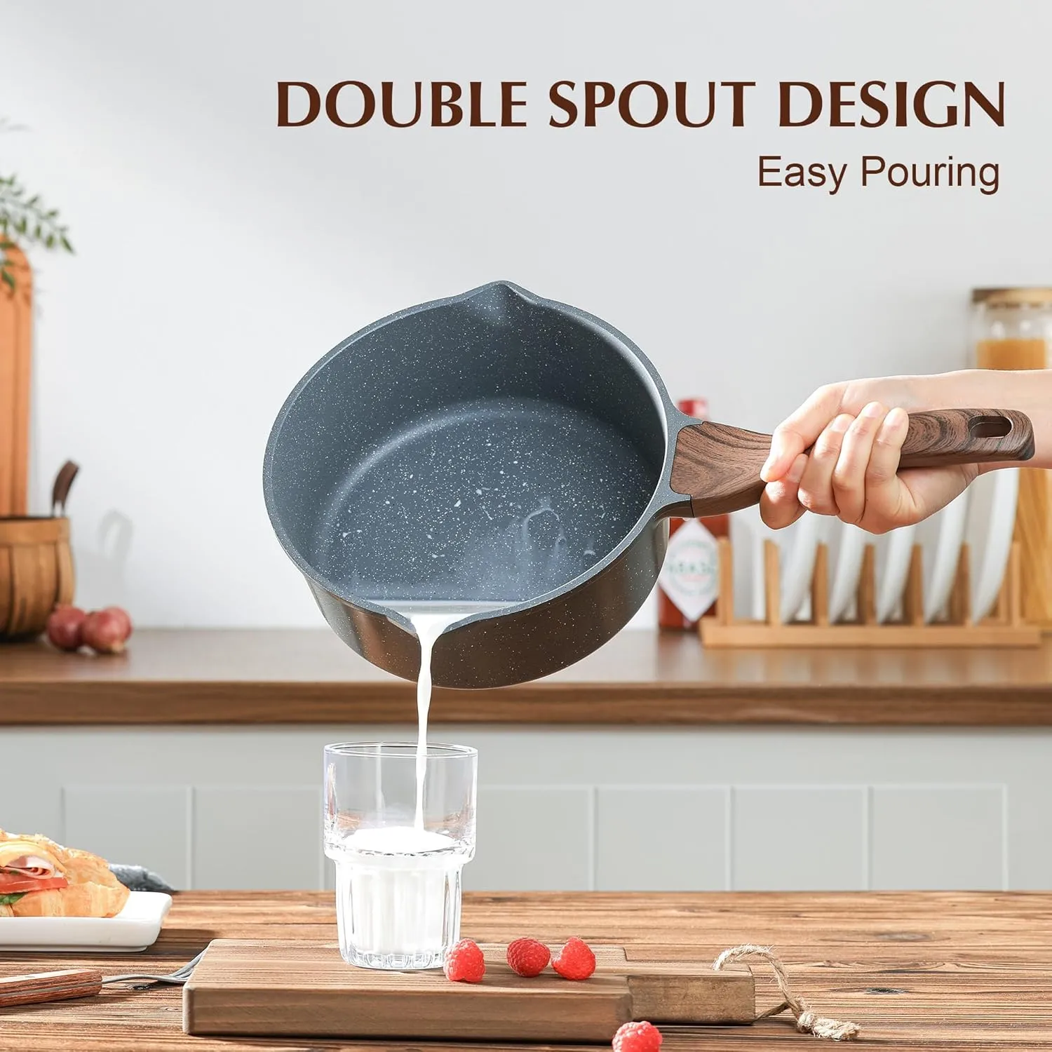 SENSARTE Nonstick Sauce Pan with Double Spout, 3.0 Quarts Swiss Granite Coating Sauce Pot with Lid Medium Kitchen Cooking Pot, Induction Comptable Saucepan, PFOA Free