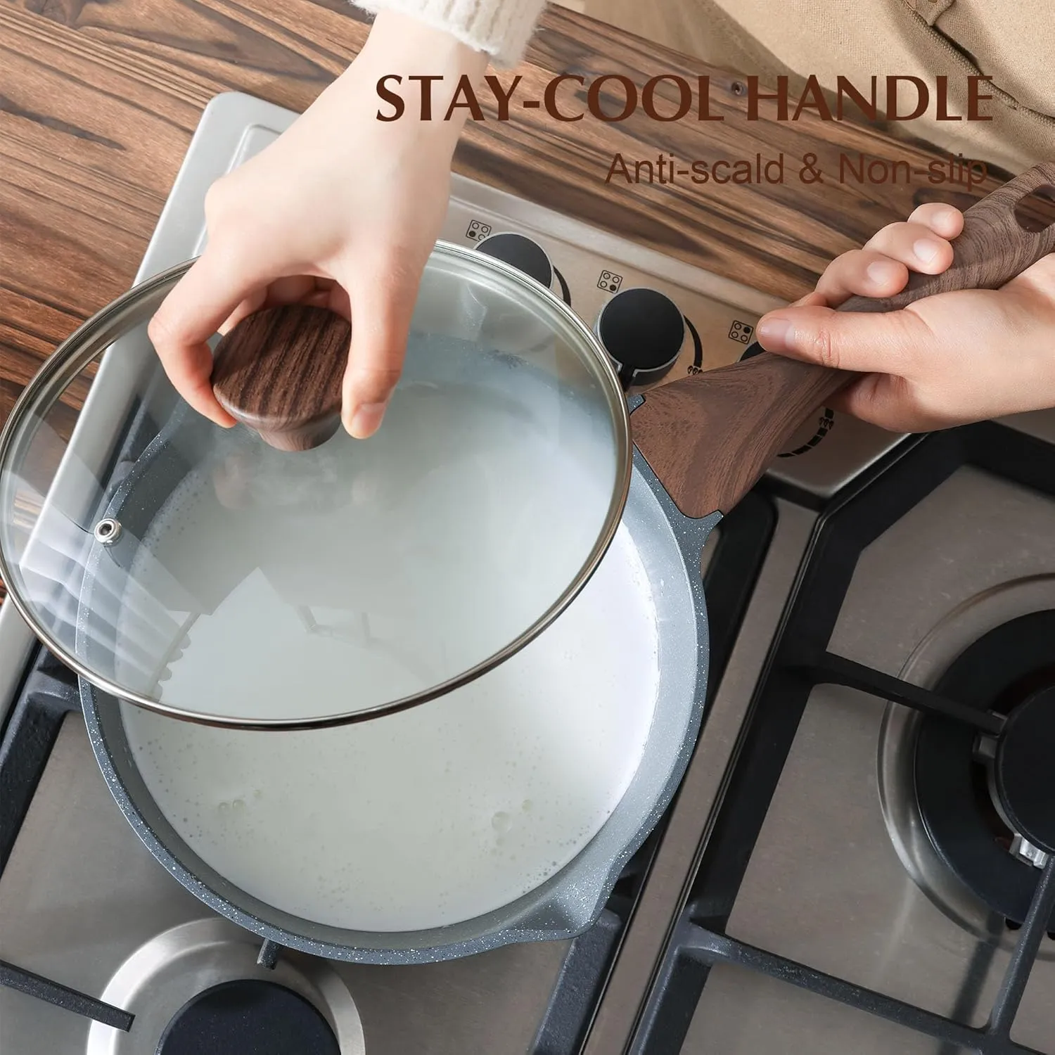 SENSARTE Nonstick Sauce Pan with Double Spout, 3.0 Quarts Swiss Granite Coating Sauce Pot with Lid Medium Kitchen Cooking Pot, Induction Comptable Saucepan, PFOA Free
