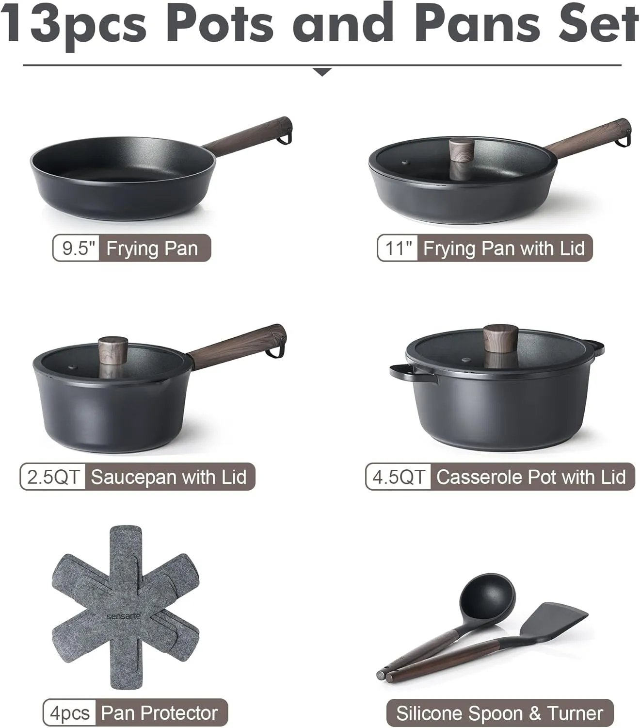 SENSARTE Pots and Pans Set Nonstick Cookware Set Kitchen Cooking Set Non-toxic, Dishwasher & Oven Safe, Induction Compatible, PFOA/PFOS Free, 13pcs, Black