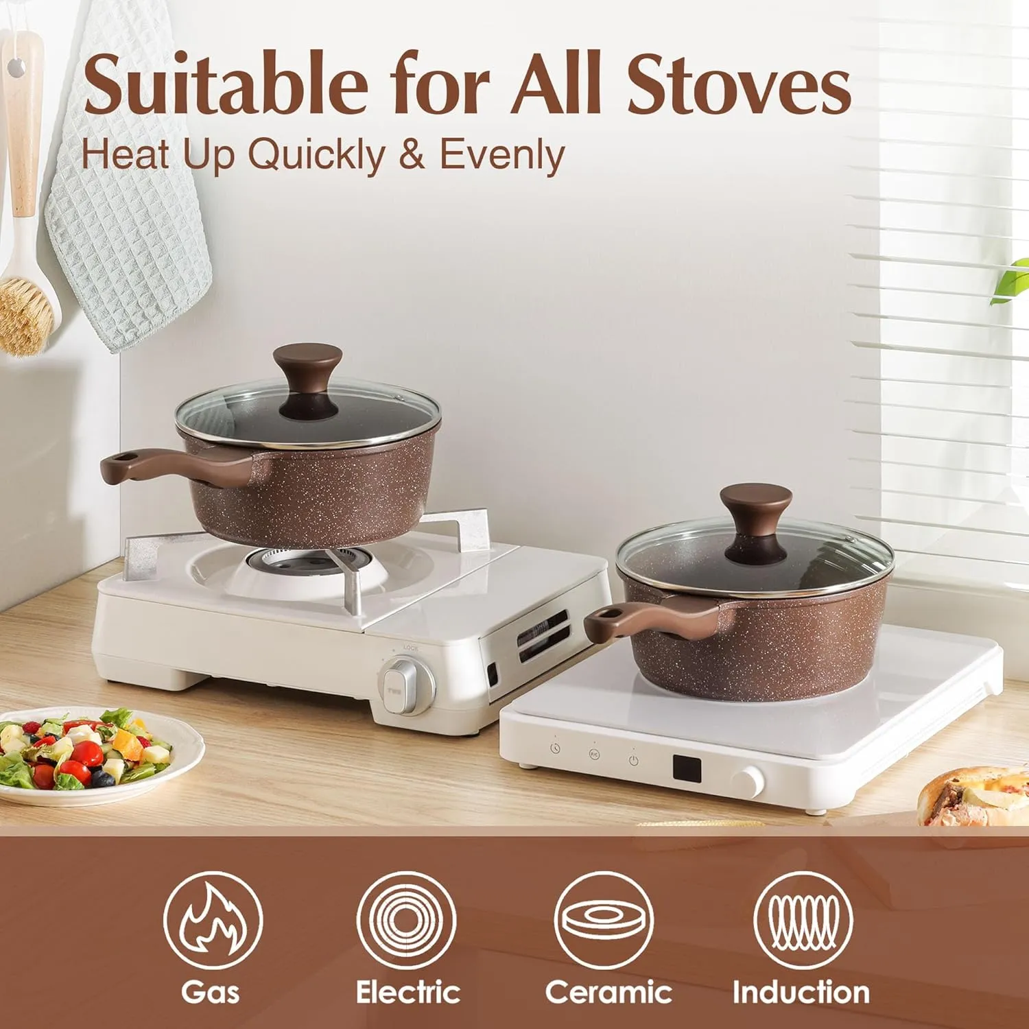 SENSARTE Saucepan Nonstick with Lid 2.0 Quarts Granite Coating Sauce Pot Small Kitchen Cooking Pot, Induction Comptable, PFOA Free