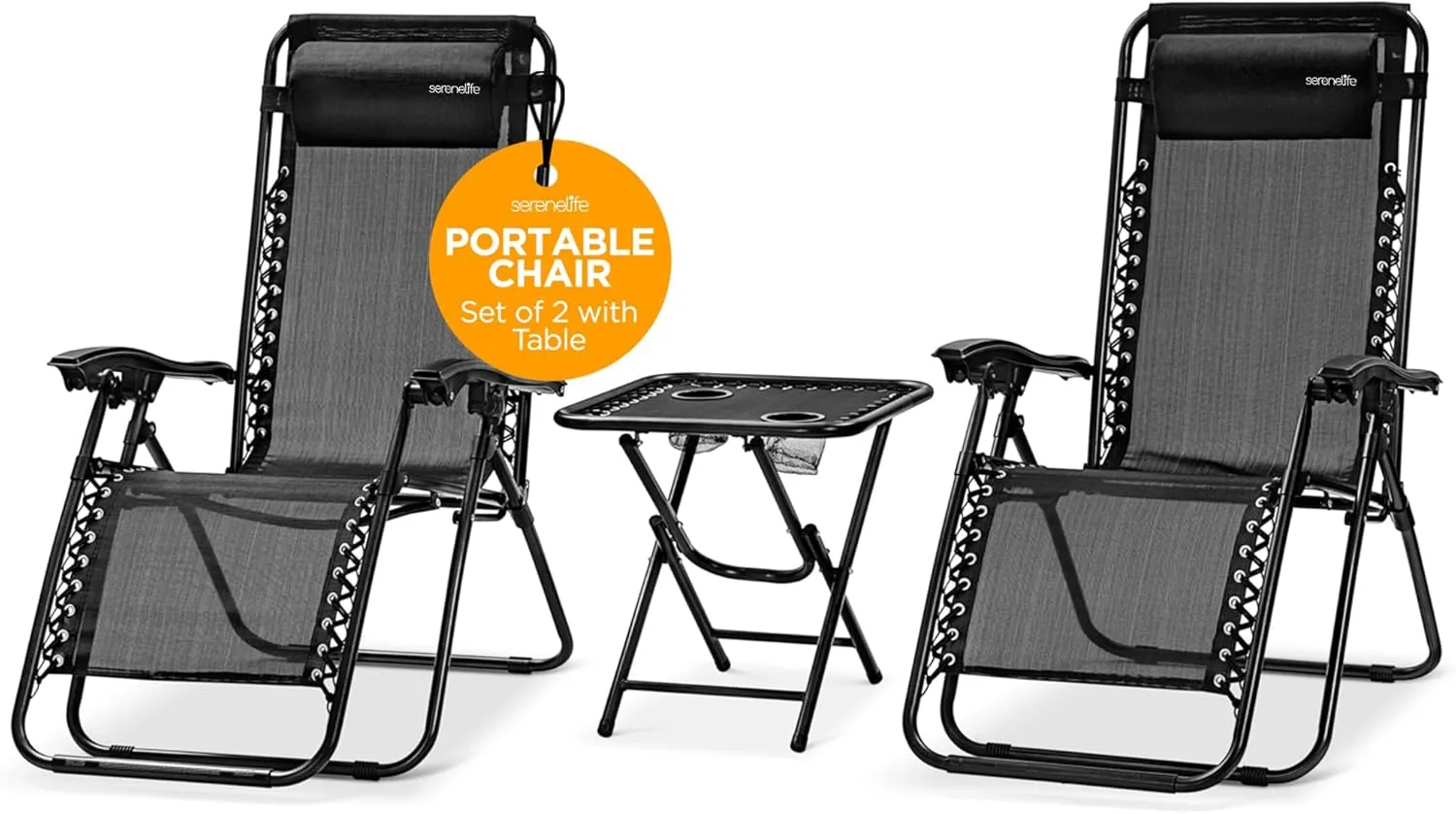 SereneLife 2-Pack Zero Gravity Recliners w/Foldable Table, Cup Holders, Headrests & Lockable Recline – Black Outdoor Lounge Chairs for Patio, Deck, Garden – 264 lbs Weight Capacity