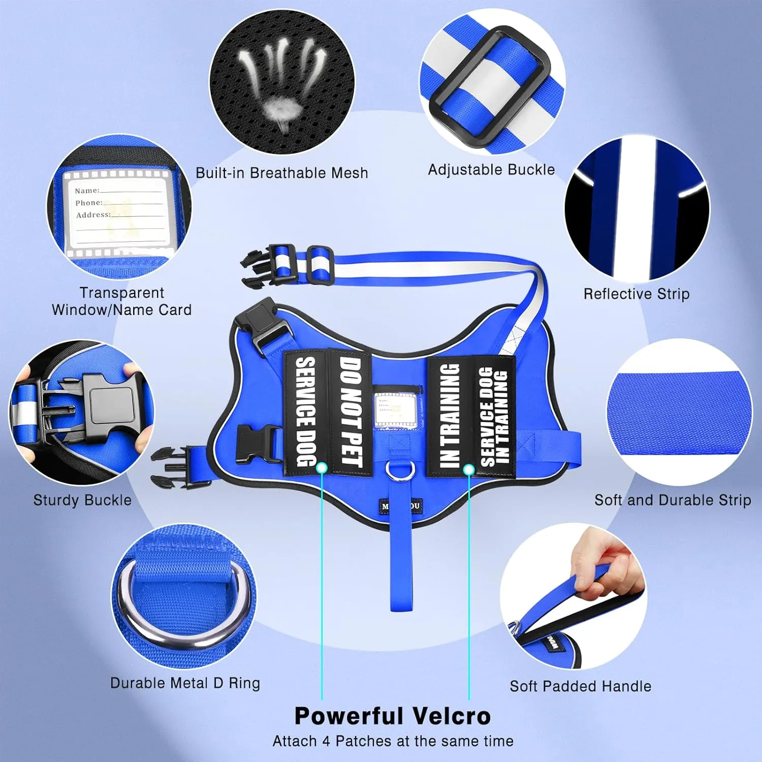Service Dog Vest Harness and Leash Set 10 Patches,No Pull&Easy Walk Reflective Dog Harness with Soft Padded Handle for Training/Everyday,Fit Small/Medium/Large/Extra-Large Dogs (Blue M)