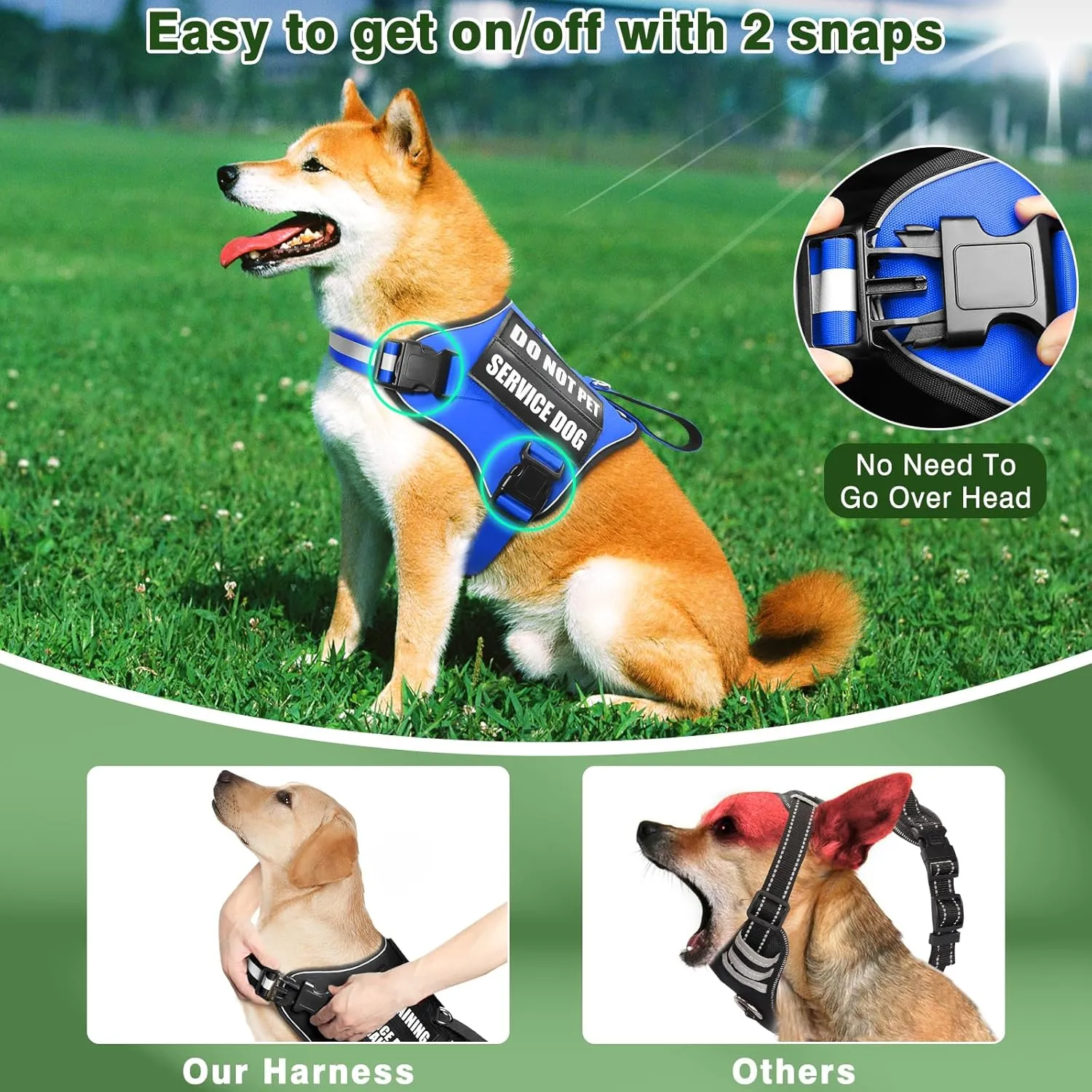 Service Dog Vest Harness and Leash Set 10 Patches,No Pull&Easy Walk Reflective Dog Harness with Soft Padded Handle for Training/Everyday,Fit Small/Medium/Large/Extra-Large Dogs (Blue M)
