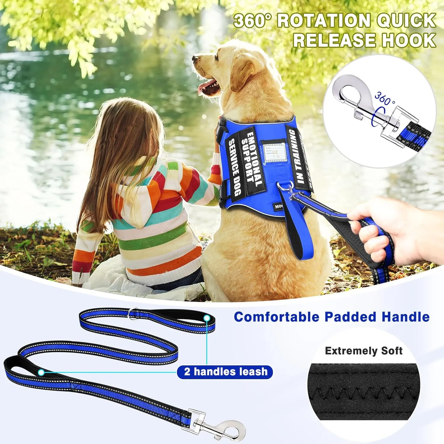 Service Dog Vest Harness and Leash Set 10 Patches,No Pull&Easy Walk Reflective Dog Harness with Soft Padded Handle for Training/Everyday,Fit Small/Medium/Large/Extra-Large Dogs (Blue M)