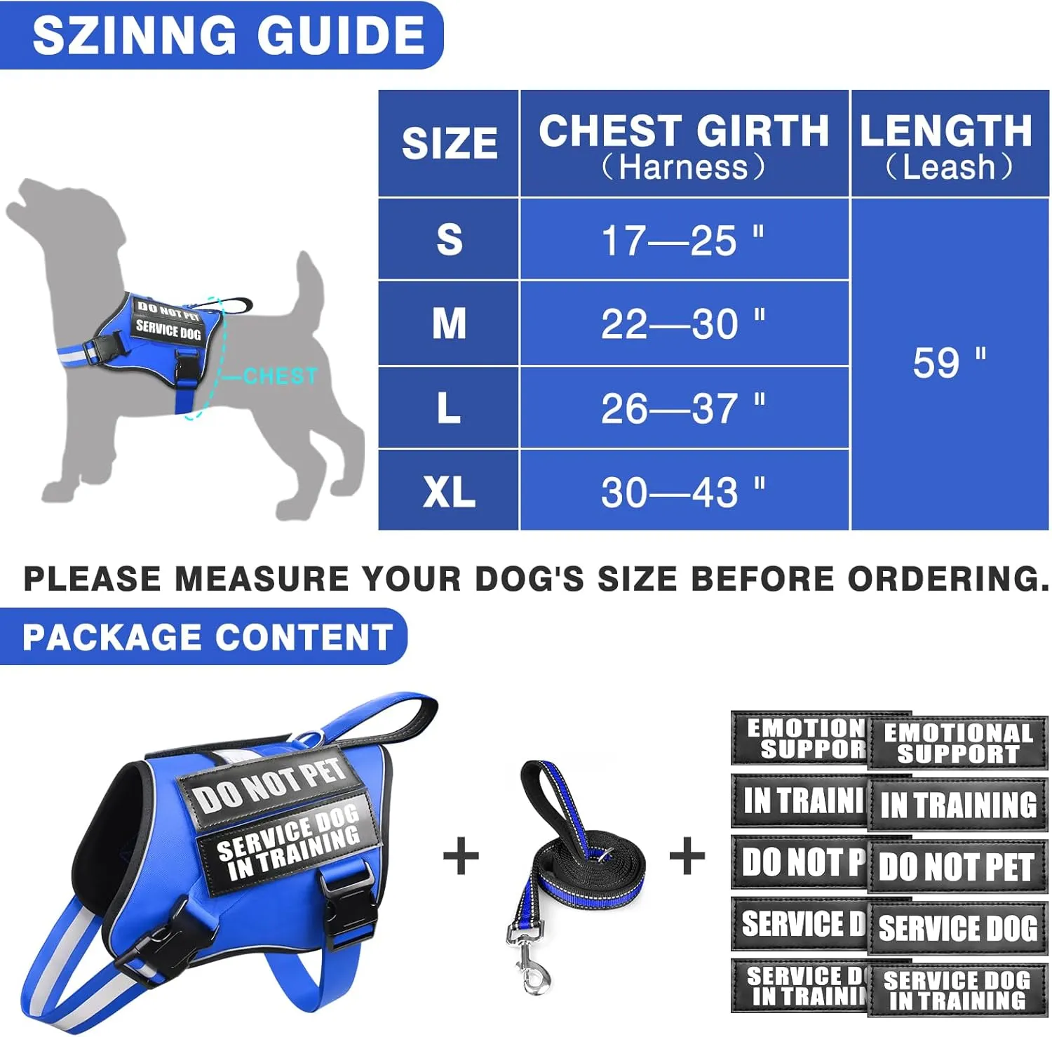 Service Dog Vest Harness and Leash Set 10 Patches,No Pull&Easy Walk Reflective Dog Harness with Soft Padded Handle for Training/Everyday,Fit Small/Medium/Large/Extra-Large Dogs (Blue M)