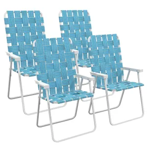 Set of 4 Classic Folding Chairs, Outdoor Camping, Portable Lawn, Armrests, Blue