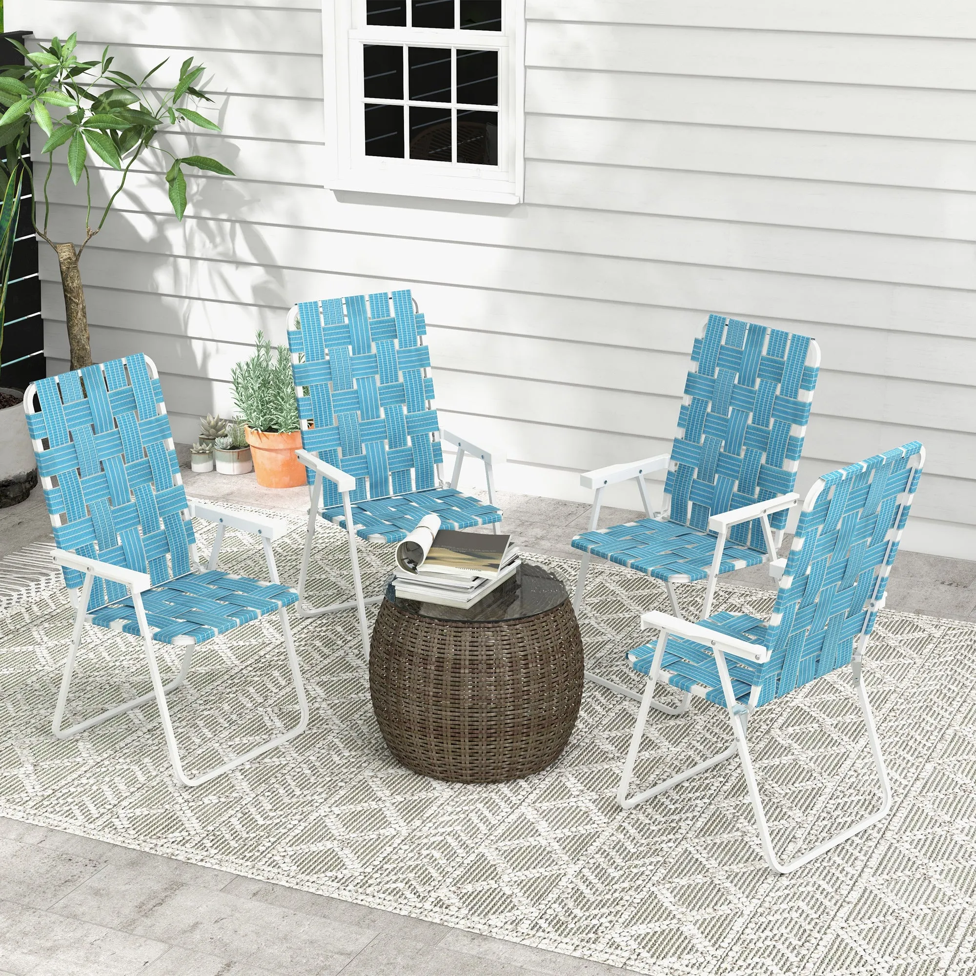 Set of 4 Classic Folding Chairs, Outdoor Camping, Portable Lawn, Armrests, Blue
