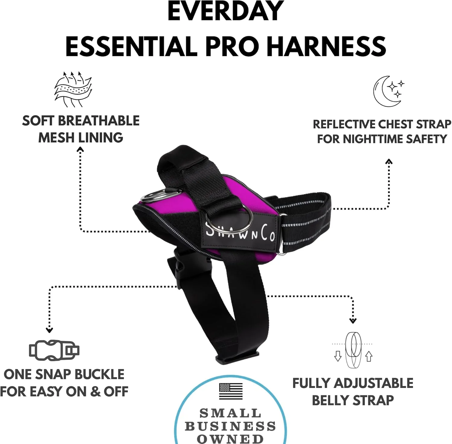 ShawnCo Essential Pro Dog Harness, No-Pull Pet Vest with 3 Leash Clips and Removable, Reflective Side Patches, Adjustable and Padded Harness for Small, Medium and Large Dogs (Orchid, L)