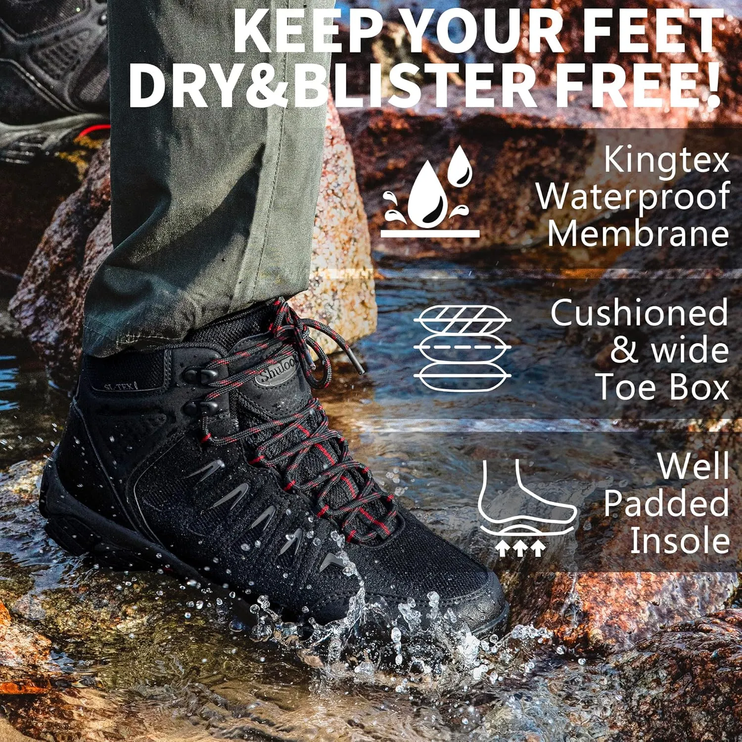 SHULOOK Men's Waterproof Hiking Boots Non-Slip Lightweight Outdoor Mid Top Ankle Boot Breathable Hiker Trekking Shoes