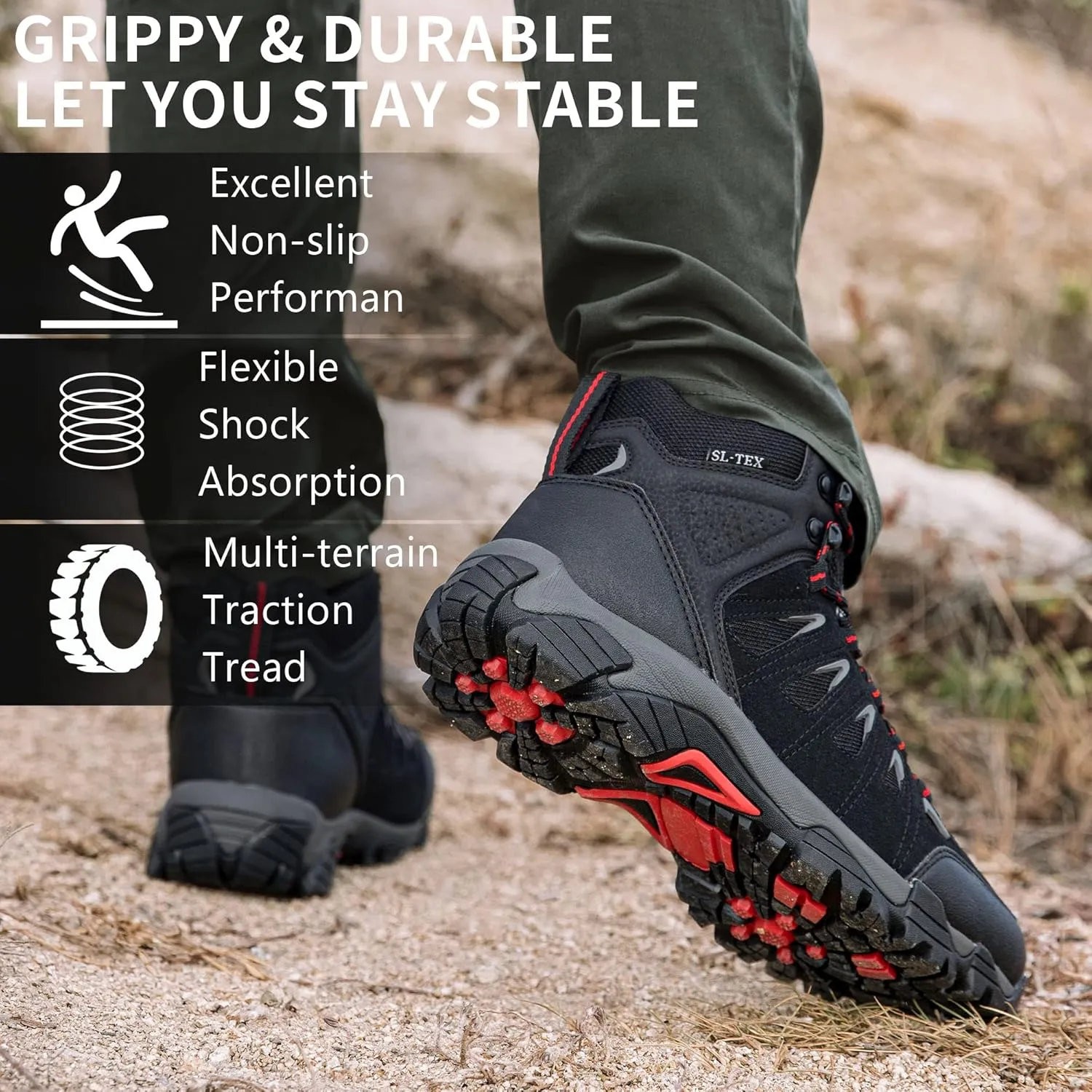 SHULOOK Men's Waterproof Hiking Boots Non-Slip Lightweight Outdoor Mid Top Ankle Boot Breathable Hiker Trekking Shoes