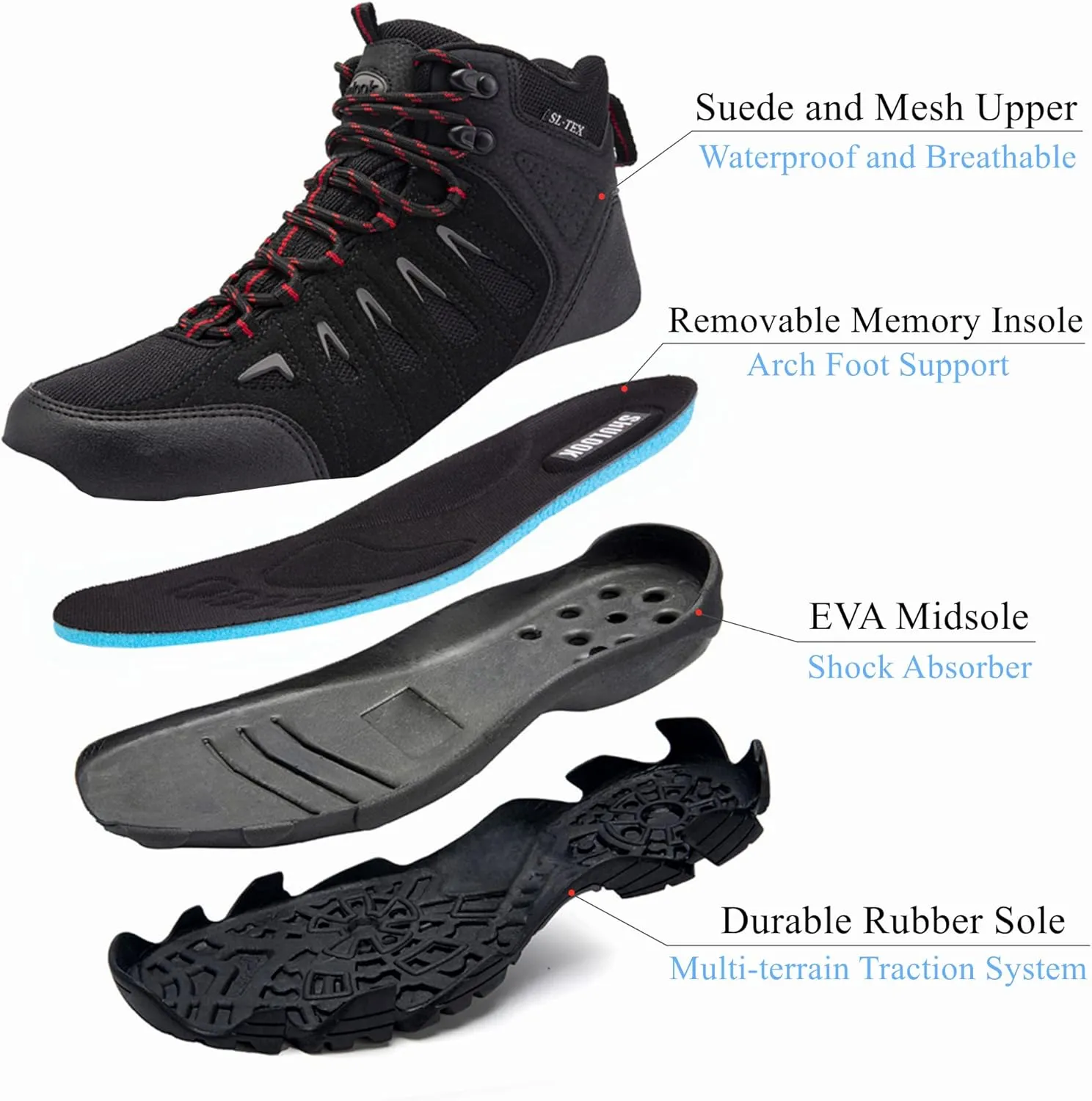 SHULOOK Men's Waterproof Hiking Boots Non-Slip Lightweight Outdoor Mid Top Ankle Boot Breathable Hiker Trekking Shoes