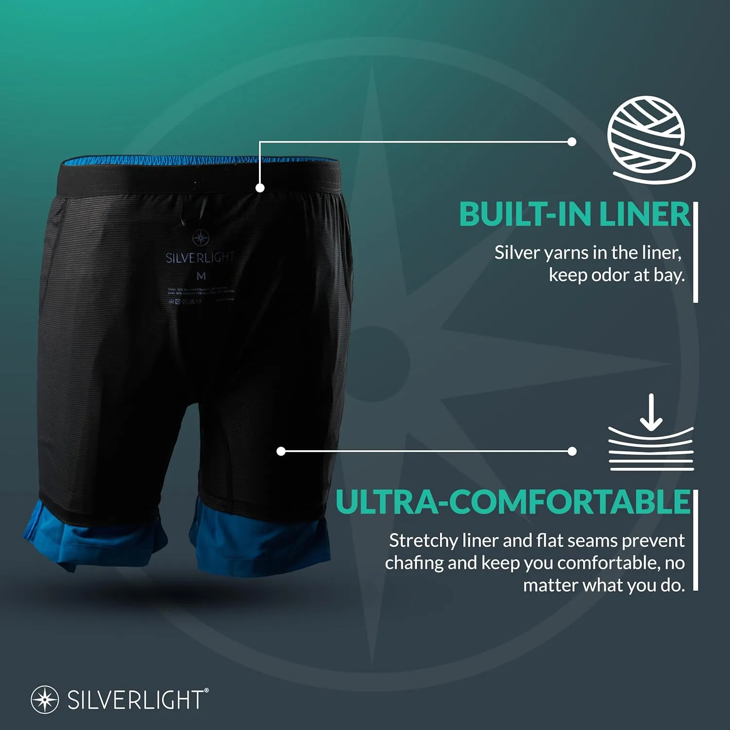 Silverlight Hiking Shorts for Men with Silver Yarn Liner 7" Inseam - Durable, Comfortable, Moisture-Wicking and Anti-Odor
