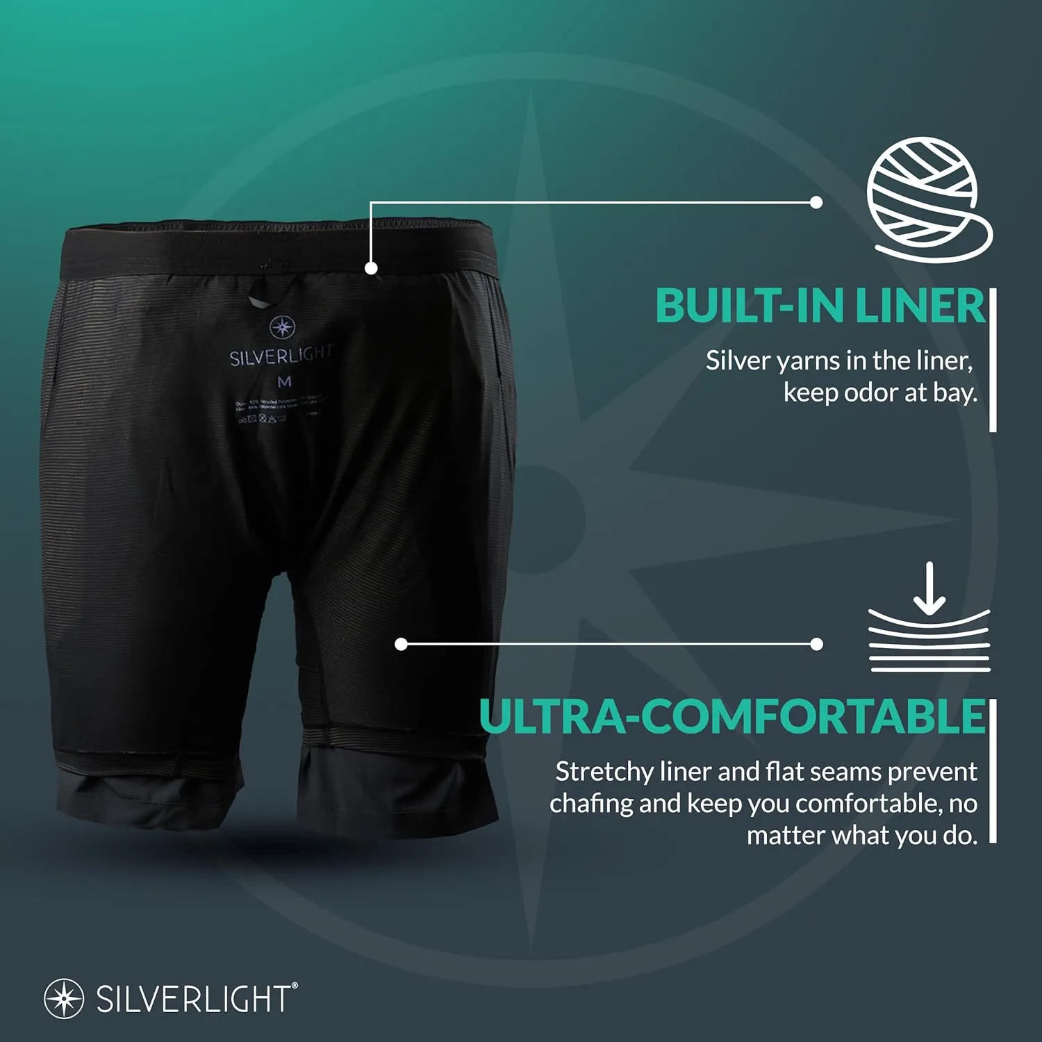 Silverlight Hiking Shorts for Men with Silver Yarn Liner 7" Inseam - Durable, Comfortable, Moisture-Wicking and Anti-Odor