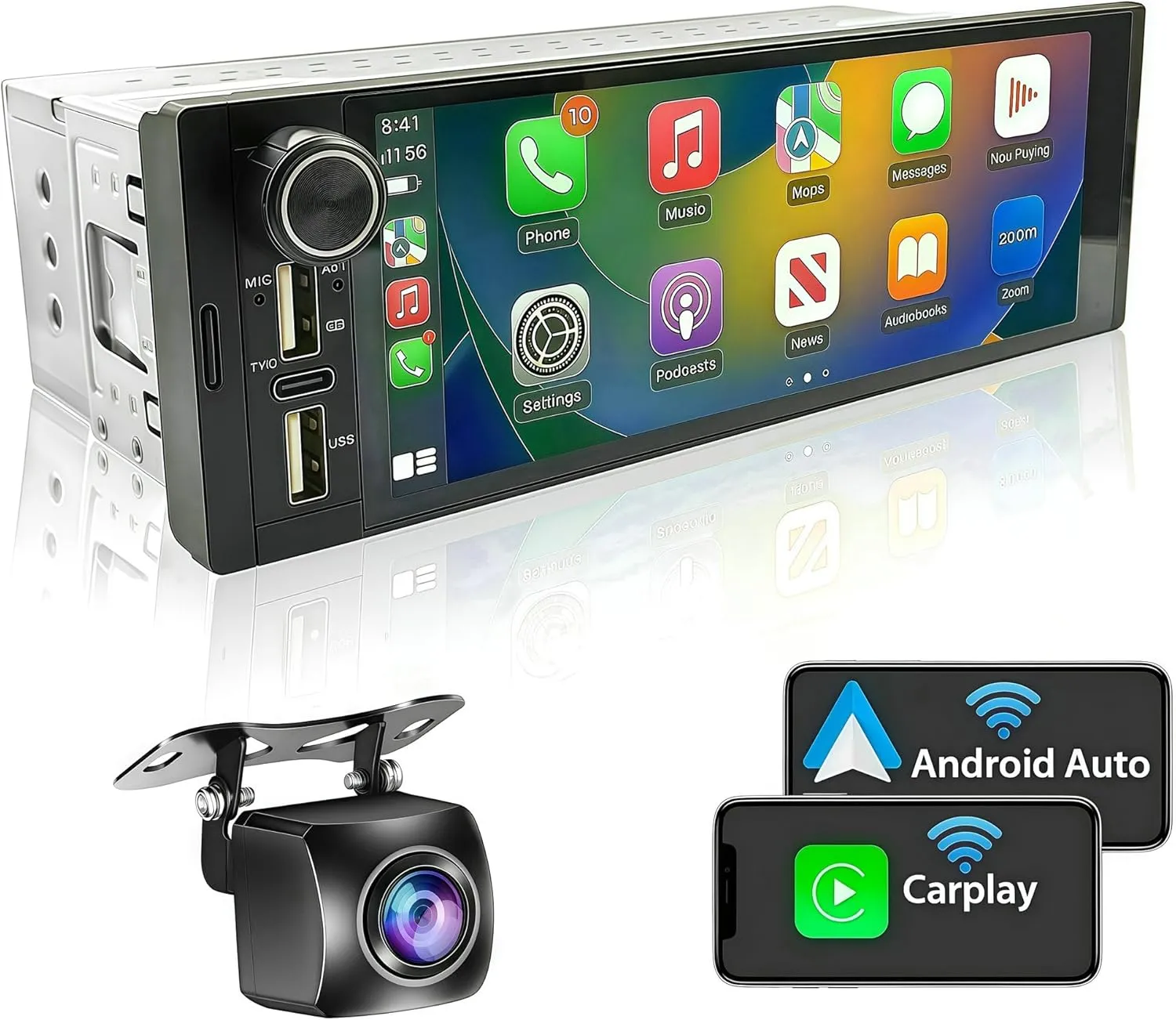 Single Din Car Stereo with Wireless Apple CarPlay Android Auto - 2025 Upgraded 6.9” Touch Screen Car Radio Bluetooth Receiver with Wide-Angle Reverse Camera, Mirror Link FM EQ SWC