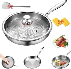 Siraatskitchen Titanium Hammered Pan Pro with Lid, Ultra-Durable Titanium Pro Cookware Set, Multifunctional Titaniums Frying Pan for Cooking Non Stick Without Coating Durable and Rust-Free(11.02inWith