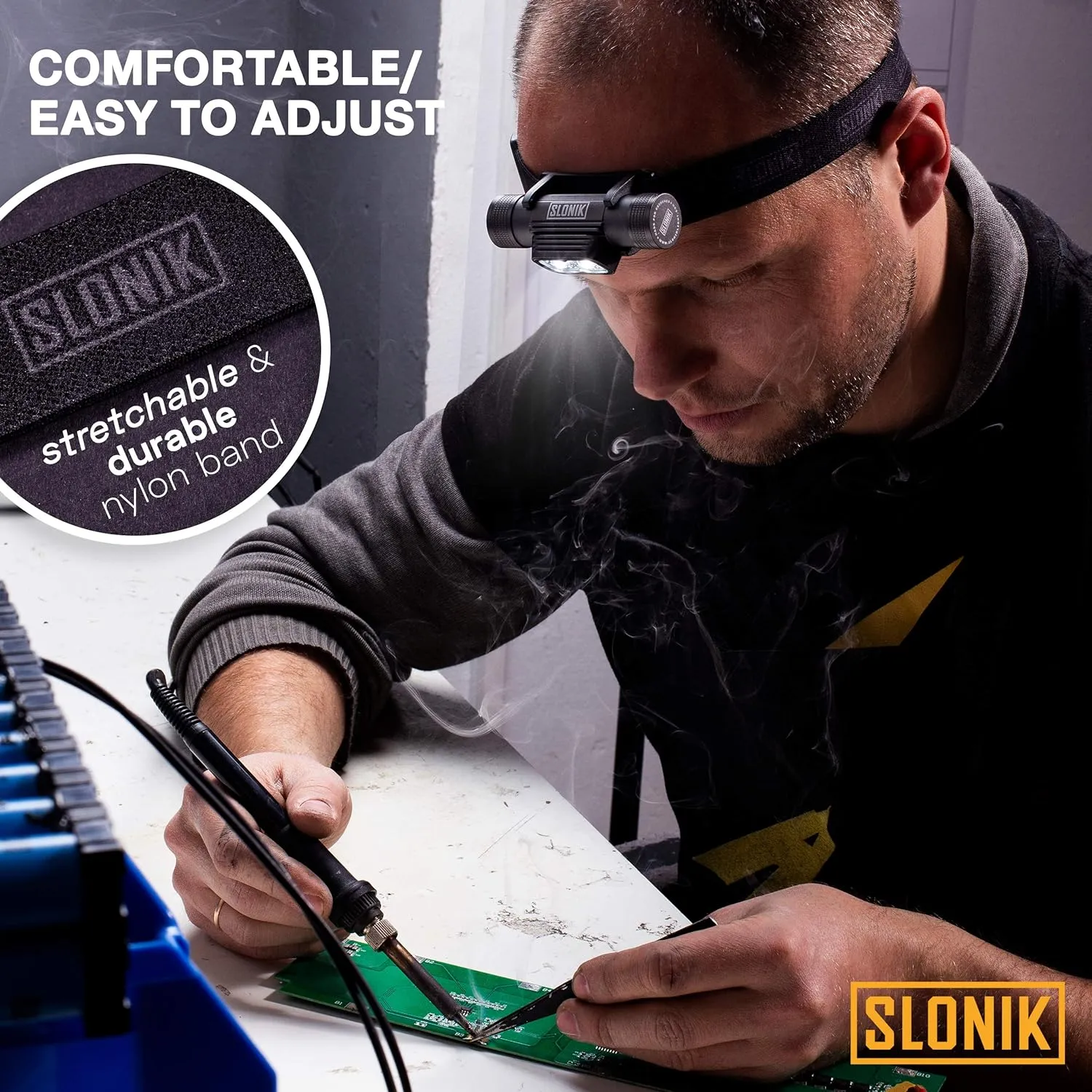 SLONIK Rechargeable Headlamp for Adults - 1000 Lumens Bright 60 ft Beam LED Flashlight - Lightweight, Heavy-Duty, IPX4, Waterproof Hard Hat Light - Camping Gear- Head Lights for Forehead, Camo