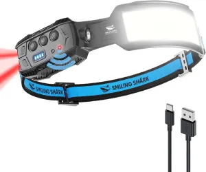 Smiling Shark Headlamp, Head Lamp Led Rechargeable 6 Modes 7*White Lights 270° Lighting Width Motion Sensor Red Tail Light for Camping Fishing Running Repairation, LED-Headlamp-Rechargeable-Light