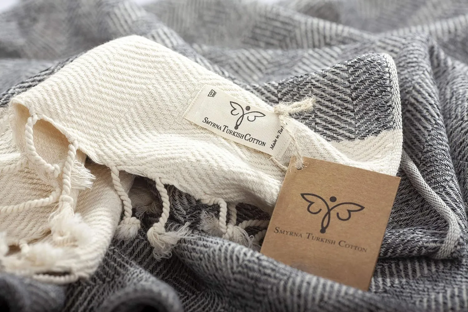SMYRNA TURKISH COTTON Herringbone Series Large Throw Blanket 60 x 80 inches Large, Outdoor Blankets, for Couch, Sofa, Bed, Chair, Beach Picnic, Travel Boho Turkish Blanket Throw, Gray