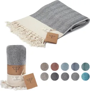 SMYRNA TURKISH COTTON Herringbone Series Large Throw Blanket 60 x 80 inches Large, Outdoor Blankets, for Couch, Sofa, Bed, Chair, Beach Picnic, Travel Boho Turkish Blanket Throw, Gray