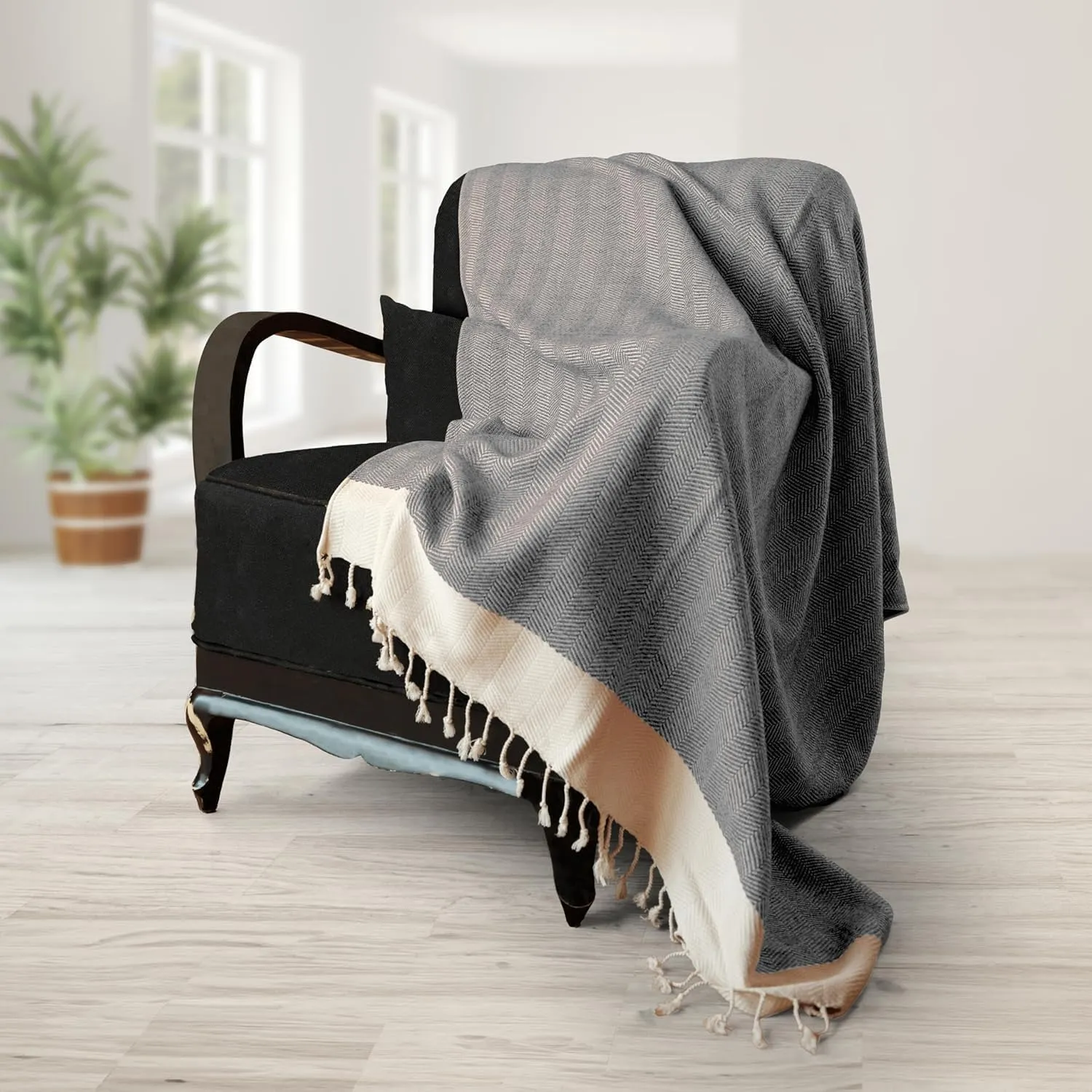 SMYRNA TURKISH COTTON Herringbone Series Large Throw Blanket 60 x 80 inches Large, Outdoor Blankets, for Couch, Sofa, Bed, Chair, Beach Picnic, Travel Boho Turkish Blanket Throw, Gray