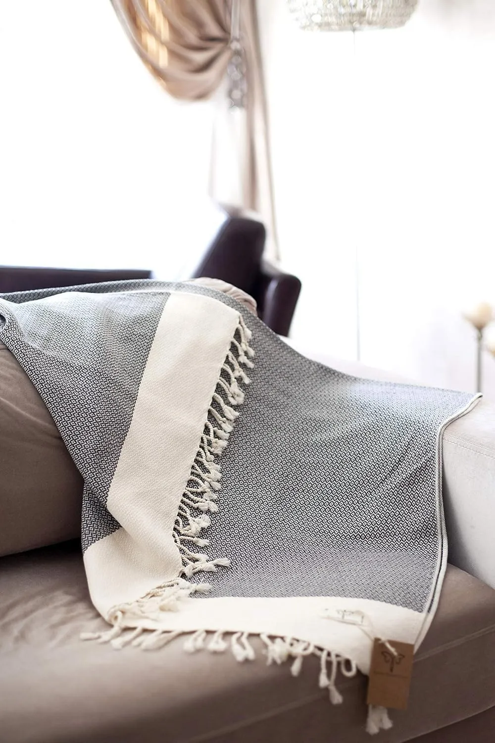 SMYRNA TURKISH COTTON Throw Blanket Vintage Series, 60x80 inch, Outdoor Blankets, Throws and Blankets for Couch, Sofa, Bed, Chair, Beach Picnic, Travel Boho Turkish Blanket Throw, Dark Gray