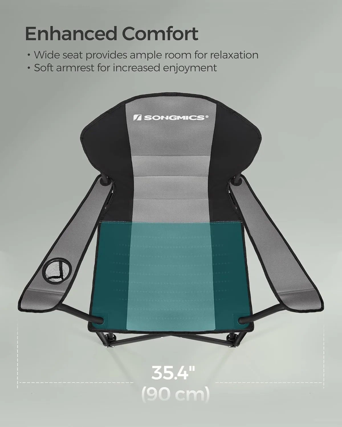 SONGMICS Folding Camping Chair, with Comfortable Sponge Seat, Cup Holder, Heavy Duty Structure, Max Load Capacity 551 lb, Outdoor Picnic Chair, Gray and Black UGCB006G01