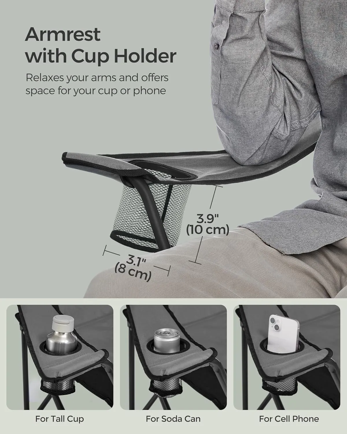 SONGMICS Folding Camping Chair, with Comfortable Sponge Seat, Cup Holder, Heavy Duty Structure, Max Load Capacity 551 lb, Outdoor Picnic Chair, Gray and Black UGCB006G01