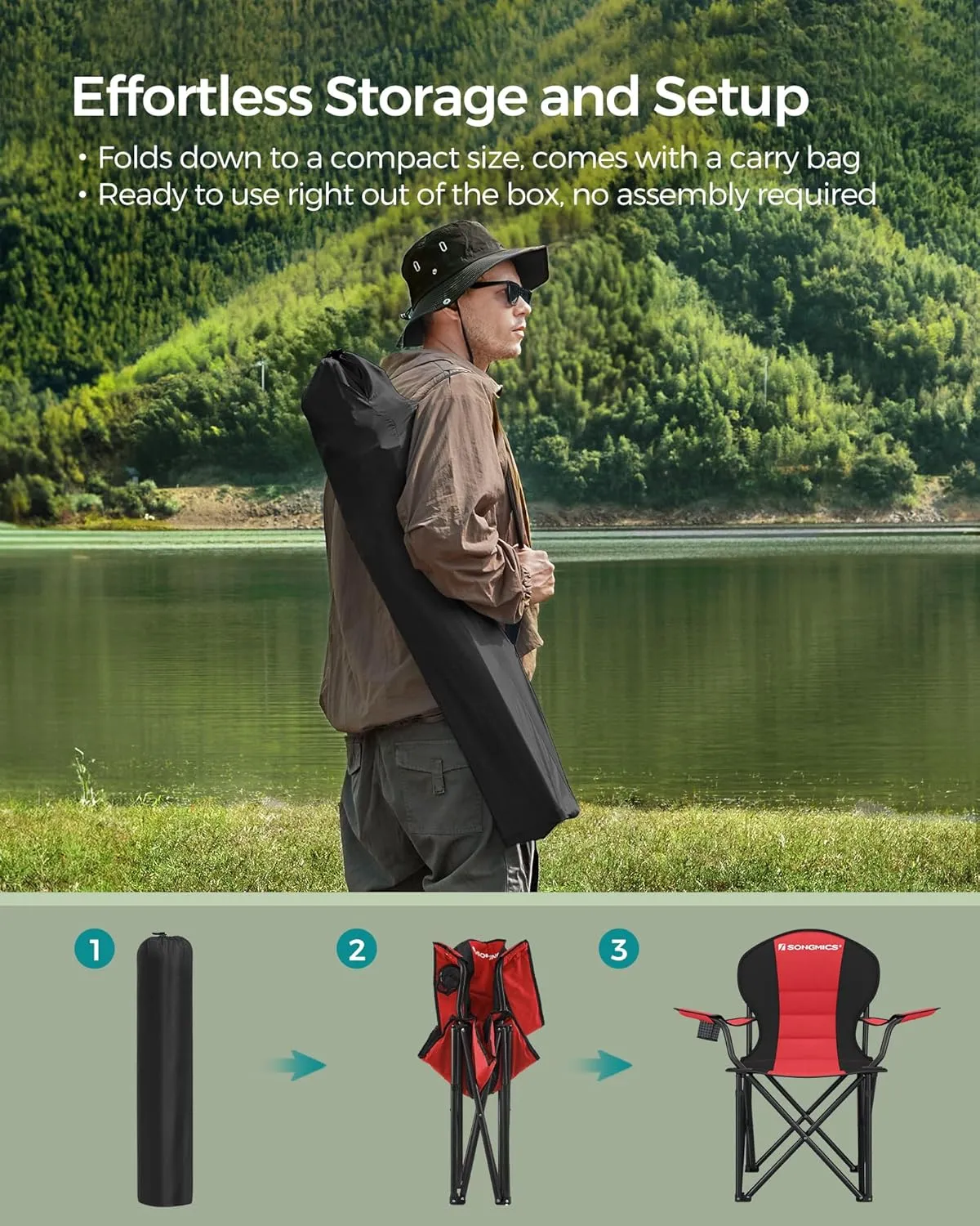 SONGMICS Folding Camping Chair, with Comfortable Sponge Seat, Cup Holder, Heavy Duty Structure, Max Load Capacity 551 lb, Outdoor Picnic Chair, Red and Black UGCB06BK