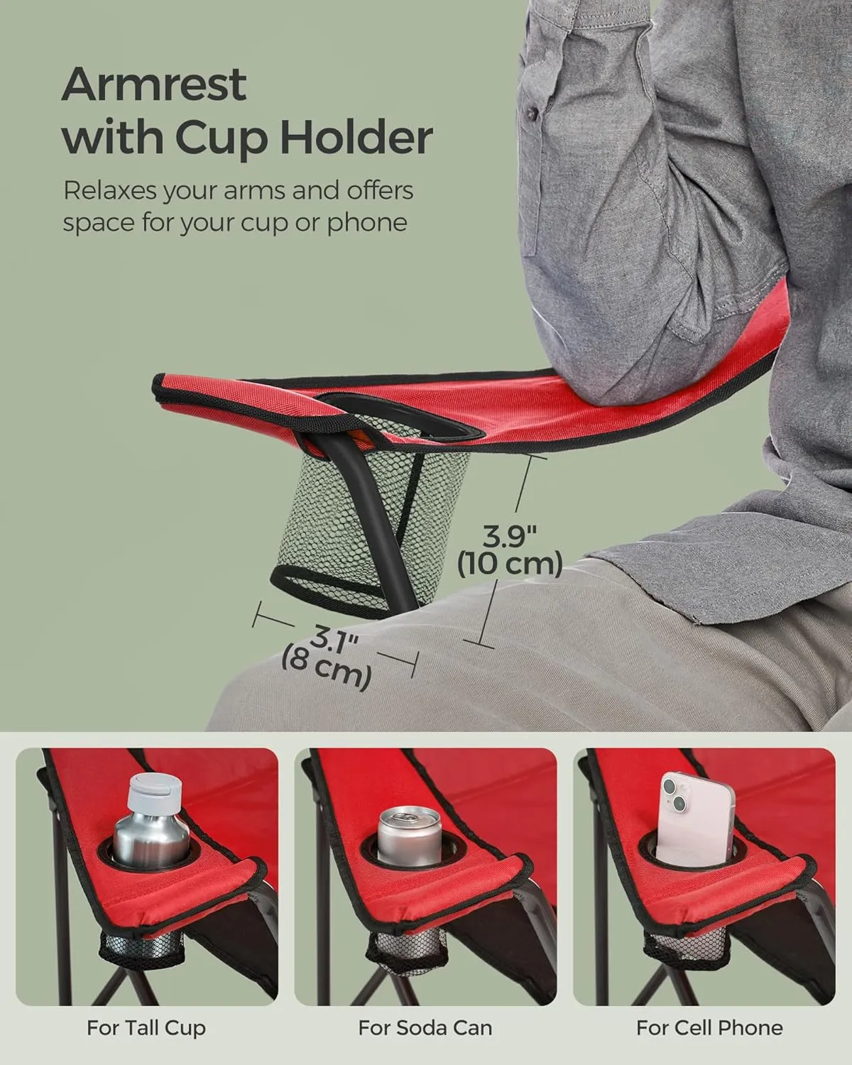 SONGMICS Folding Camping Chair, with Comfortable Sponge Seat, Cup Holder, Heavy Duty Structure, Max Load Capacity 551 lb, Outdoor Picnic Chair, Red and Black UGCB06BK