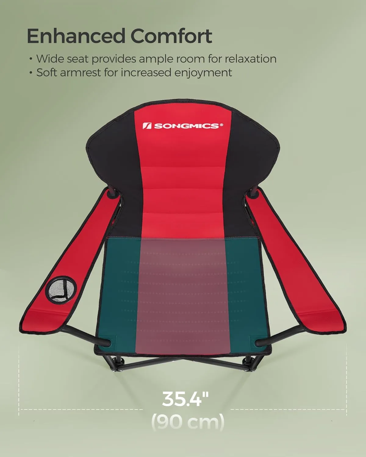 SONGMICS Folding Camping Chair, with Comfortable Sponge Seat, Cup Holder, Heavy Duty Structure, Max Load Capacity 551 lb, Outdoor Picnic Chair, Red and Black UGCB06BK