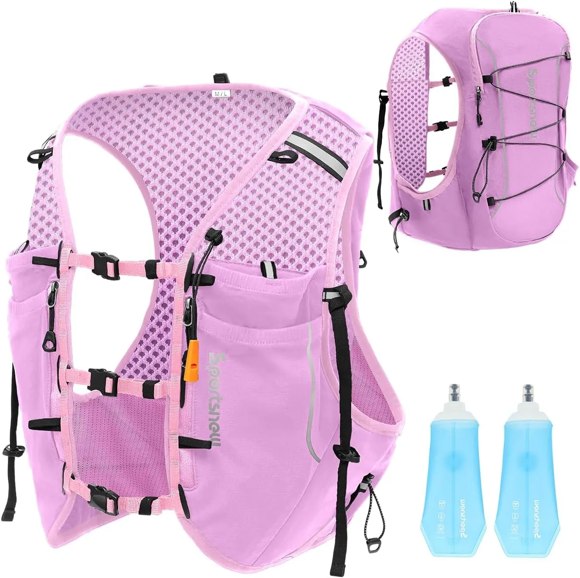 sportsnew Running Vest for Women Men, Lightweight 10L Hydration Backpack with Waterproof Phone Pocket, Breathable Pack for Hiking Trail Running (Pink with 2 x 500ML Soft Flask, S/M: Chest 26''-34')