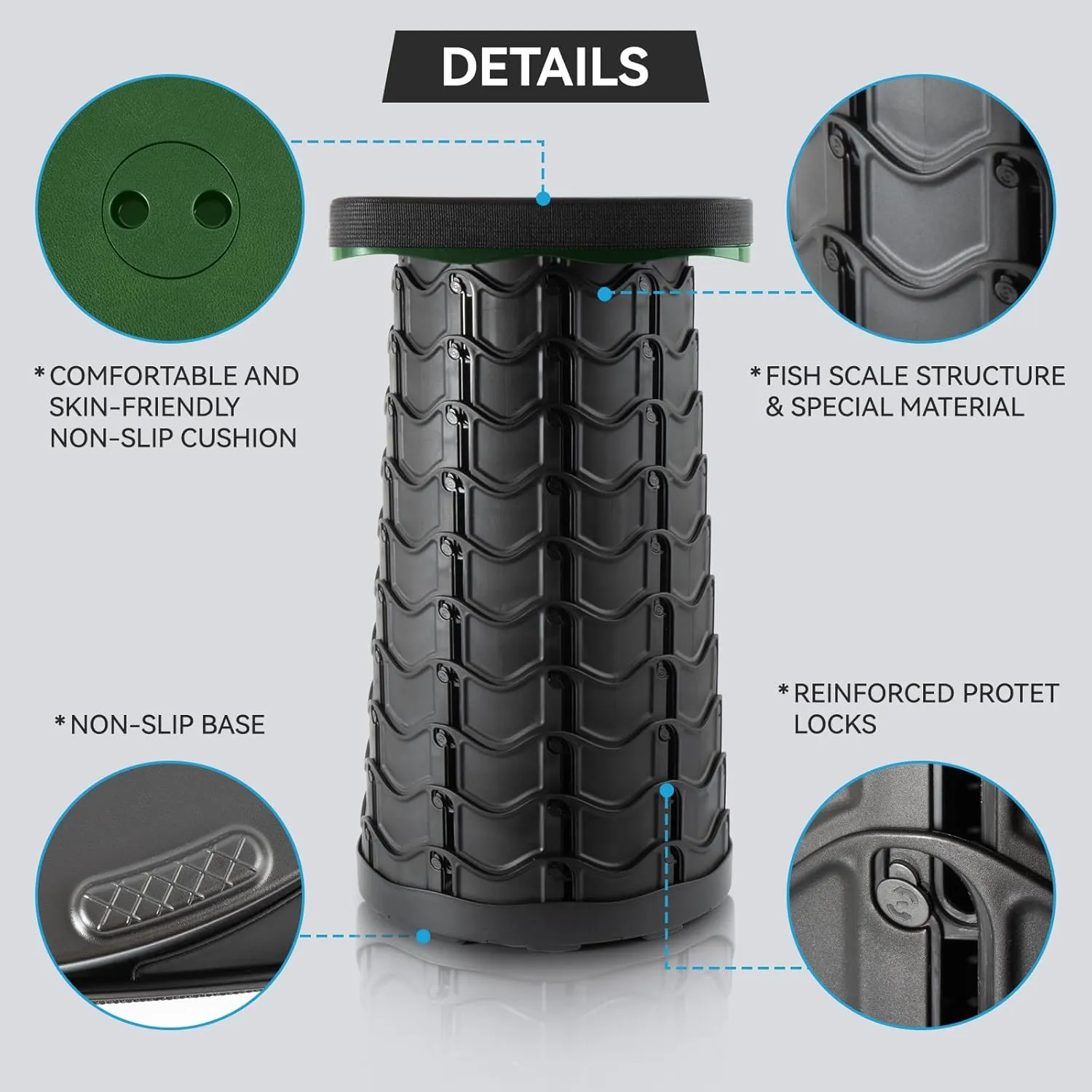 Square Collapsible Stool With 3-in-1 Carry Bag, Adjustable Portable Max Load 360lbs, Foldable Cushion & Beverage Holder for Camping, Fishing, Hiking (Green)