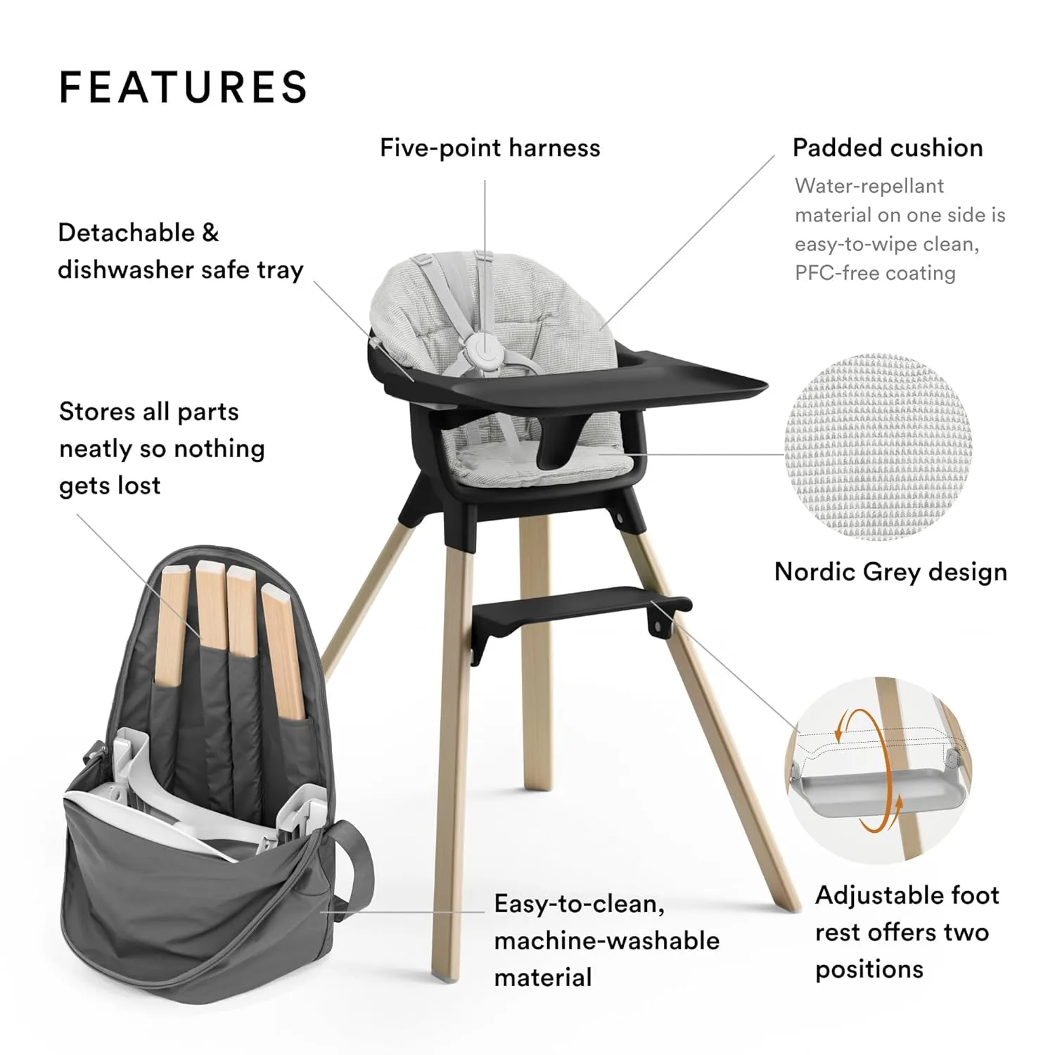 Stokke Clikk High Chair (Black/Natural) with Clikk Cushion (Nordic Grey)   Travel Bag - Includes Tray & Harness - Light, Durable & Travel Friendly - Best for 6-36 Months or Up to 33 lbs