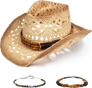 Straw Cowboy Hats for Women Men Cowgirl Hat with Shapeable Brim Summer Cowboy Hat with Decorative Bands for Beach