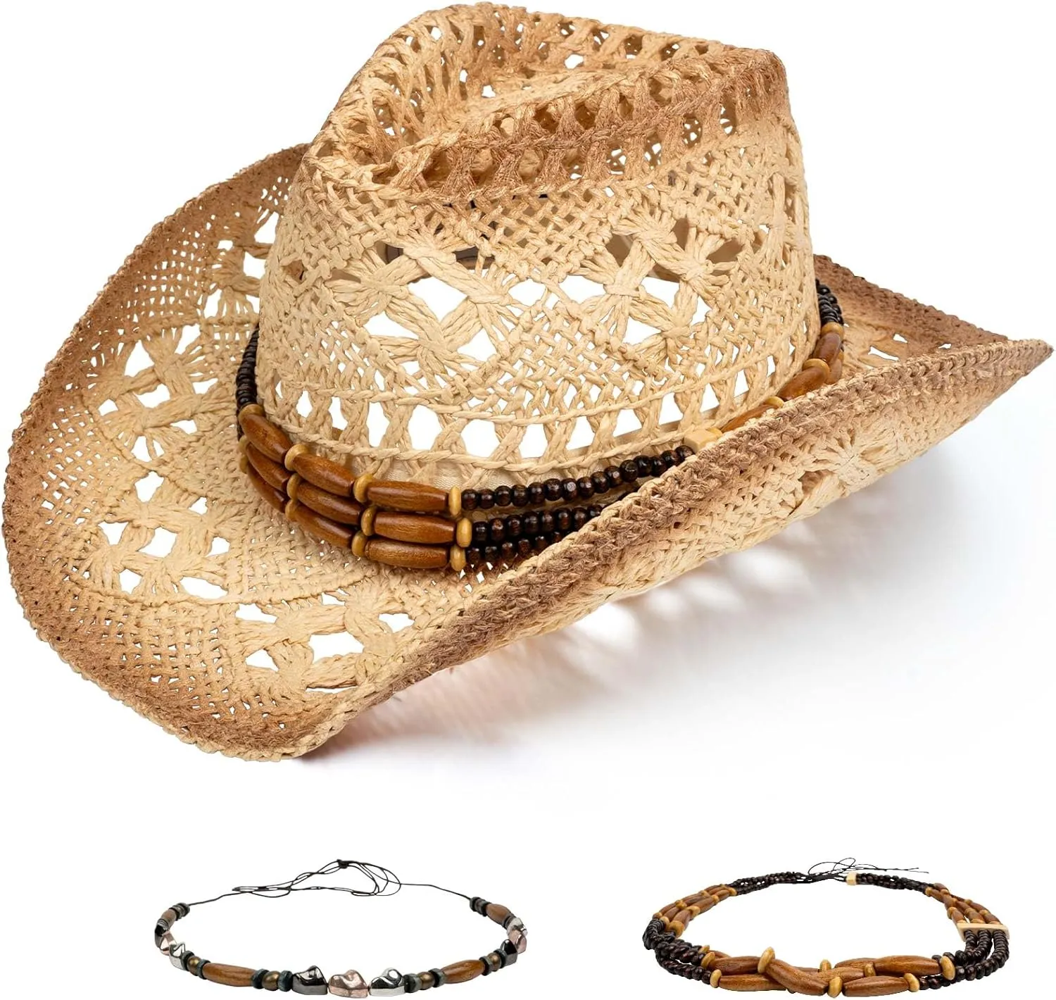 Straw Cowboy Hats for Women Men Cowgirl Hat with Shapeable Brim Summer Cowboy Hat with Decorative Bands for Beach