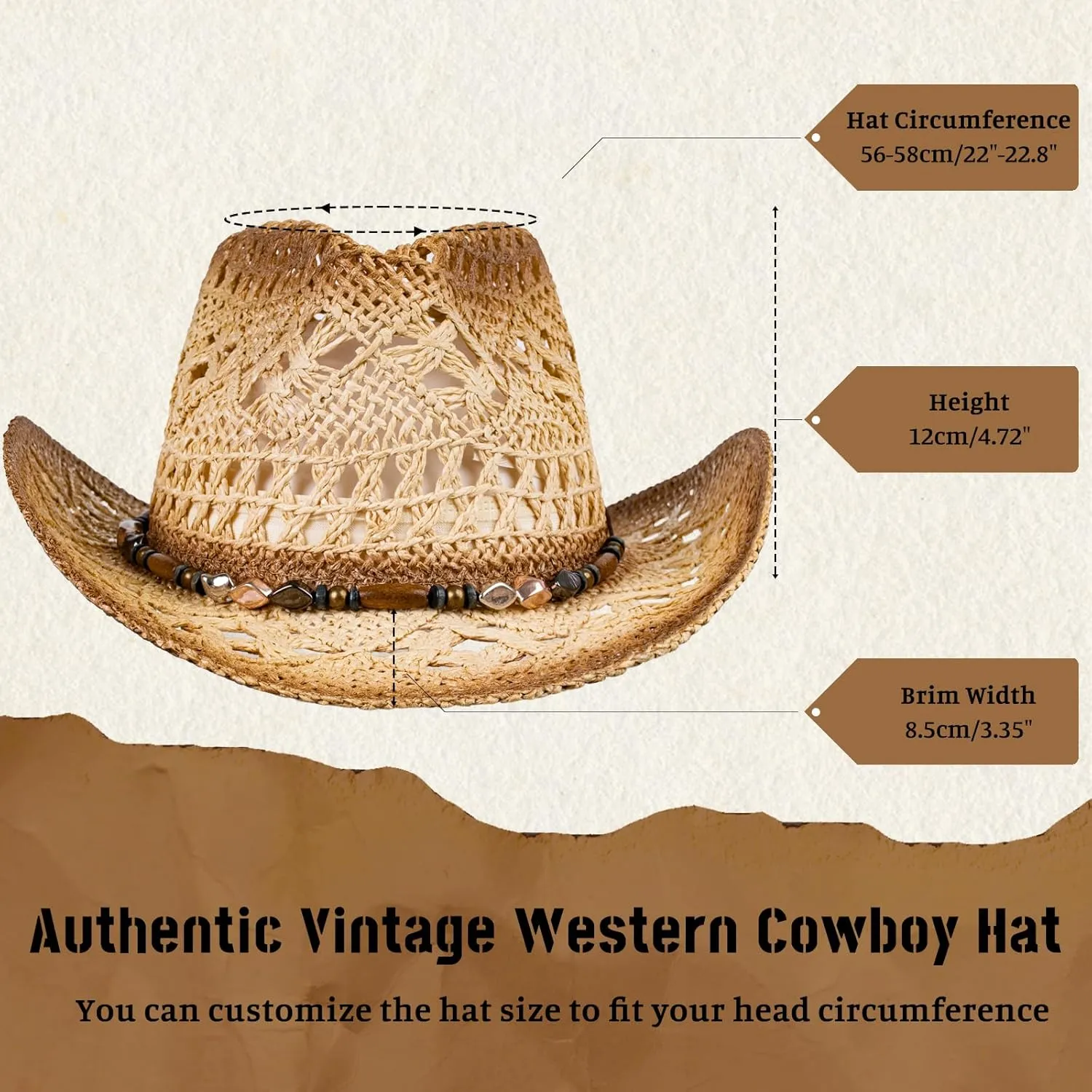 Straw Cowboy Hats for Women Men Cowgirl Hat with Shapeable Brim Summer Cowboy Hat with Decorative Bands for Beach
