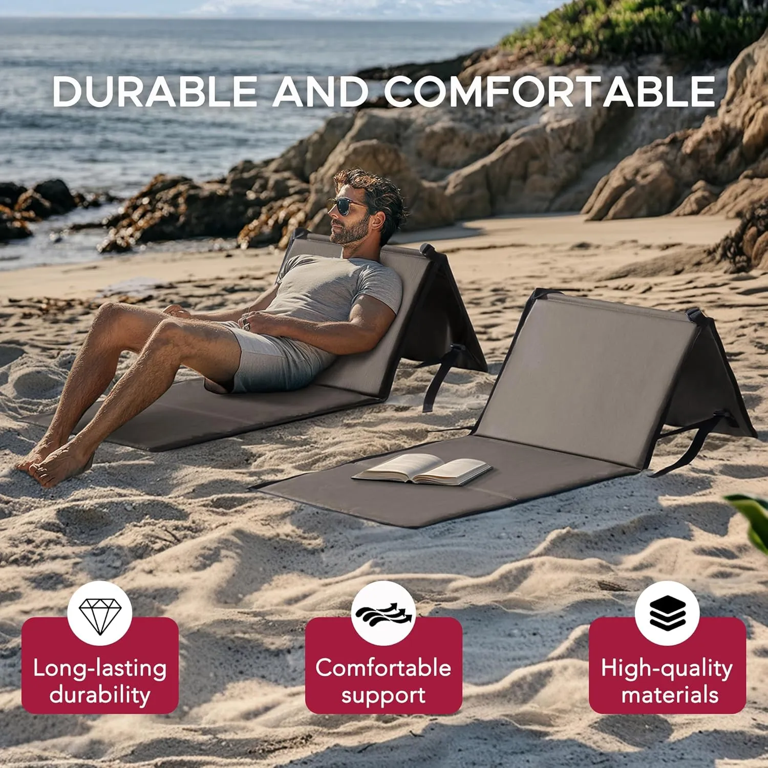 Sunjoy Ultra-Light Folding Chair with Backrest (Set of 2), Outdoor Portable Beach Mat Lounger Chair, Ideal Tanning Mat for Sunbathing for Camping Beach Road Trips, Khaki