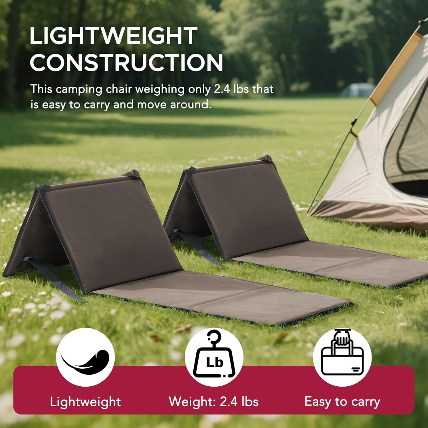 Sunjoy Ultra-Light Folding Chair with Backrest (Set of 2), Outdoor Portable Beach Mat Lounger Chair, Ideal Tanning Mat for Sunbathing for Camping Beach Road Trips, Khaki