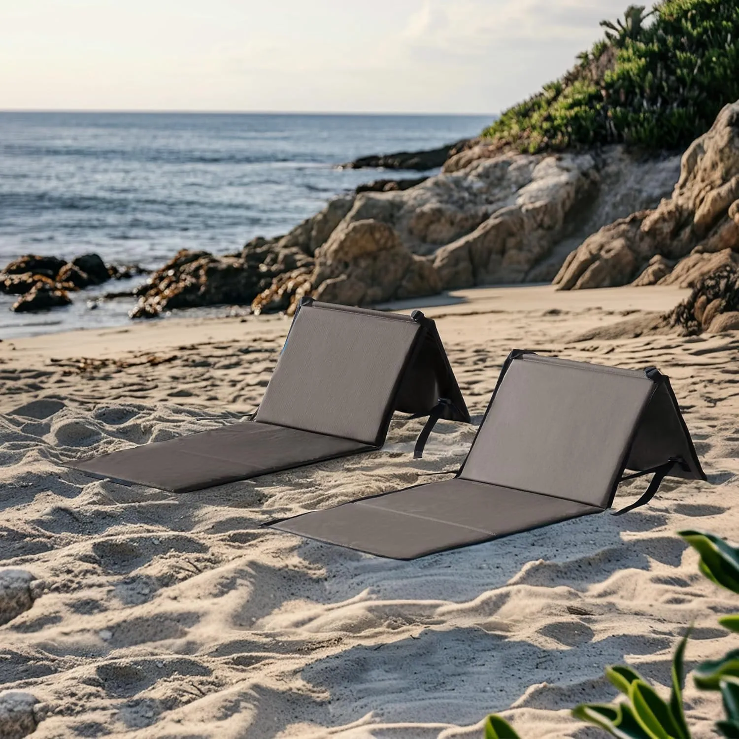 Sunjoy Ultra-Light Folding Chair with Backrest (Set of 2), Outdoor Portable Beach Mat Lounger Chair, Ideal Tanning Mat for Sunbathing for Camping Beach Road Trips, Khaki