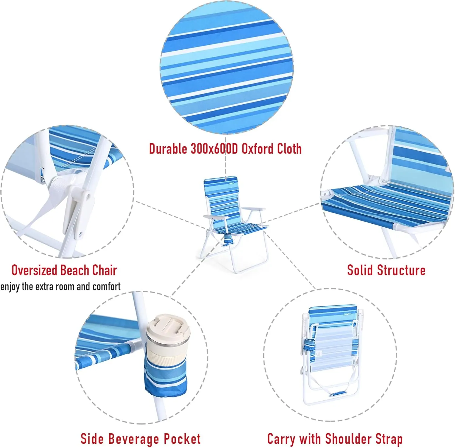 SunnyFeel 15" Tall Folding Beach Chair for Adults 2 Pack, Oversized Portable High Seat Sand Chair Heavy Duty 300 LBS, Foldable Camping Lawn Chairs for Camp/Outdoor/Travel/Picnic/Concert/Sports