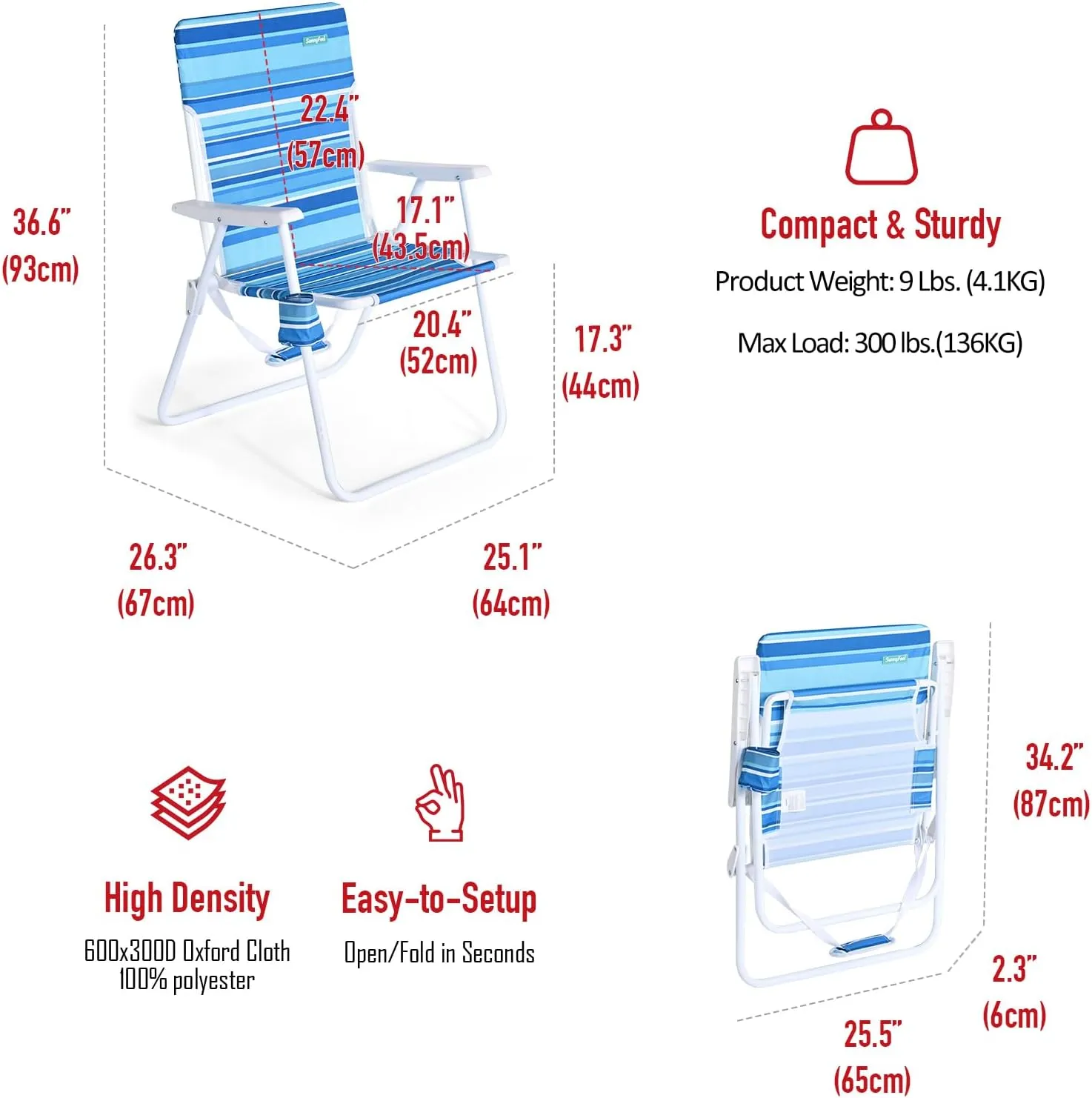 SunnyFeel 15" Tall Folding Beach Chair for Adults 2 Pack, Oversized Portable High Seat Sand Chair Heavy Duty 300 LBS, Foldable Camping Lawn Chairs for Camp/Outdoor/Travel/Picnic/Concert/Sports