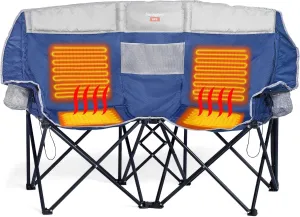 SUNNYFEEL Heated Double Camping Chair, Outdoor Portable Loveseat Chair, Heavy Duty Folding Lawn Chairs with Storage for Beach/Tailgate/Travel/Picnic, Foldable Duo Camp Chairs for Adults 2 People