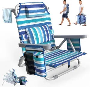 Suteck Beach Chair, Adjustable 5-Position Backpack Beach Chairs for Adults Kids, Foldable Lay Flat Chair with Cooler Bag, Cup Holder and Lumbar Pillow, Reclining Lay Down Chairs for Lawn Outdoor