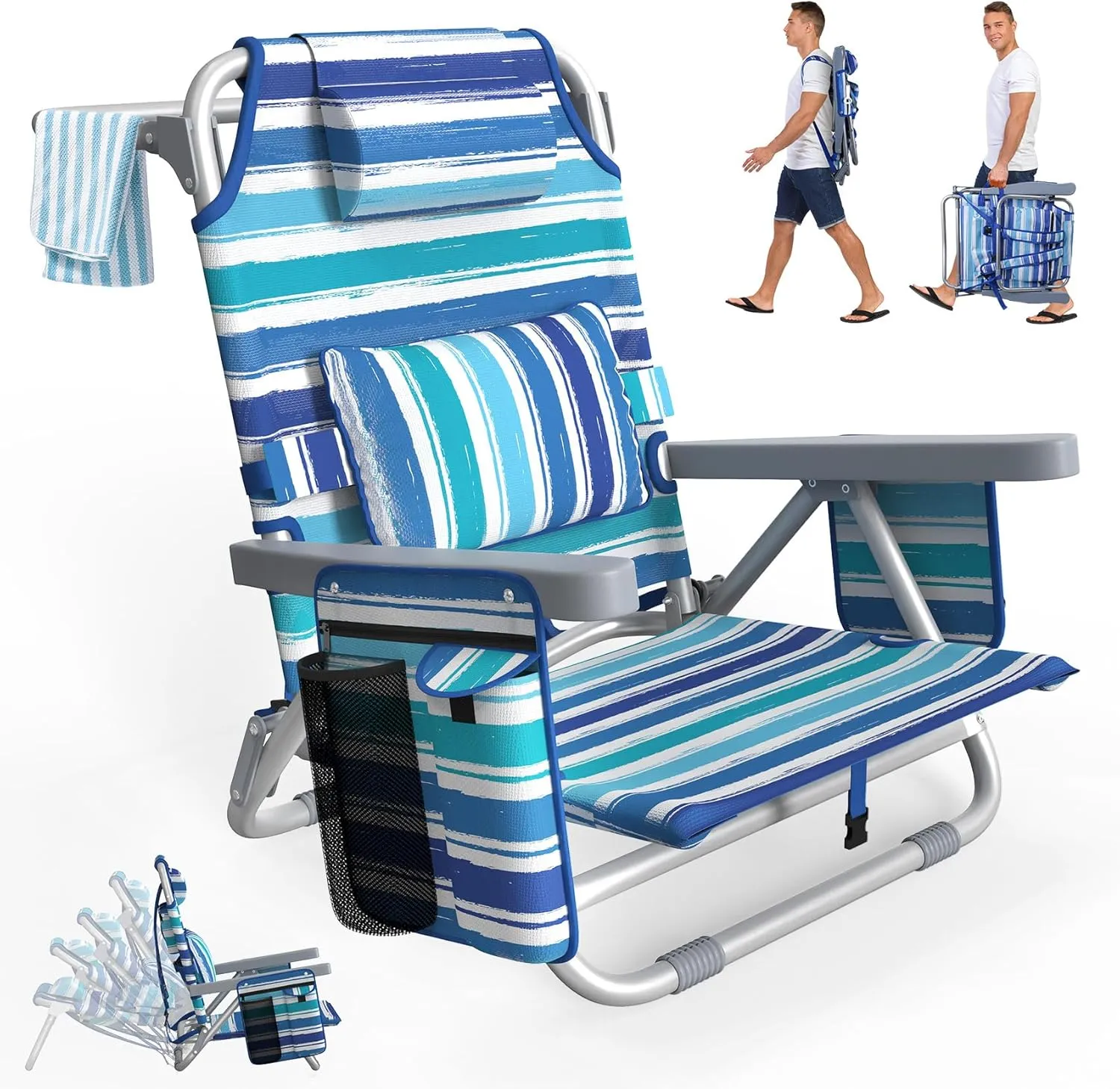 Suteck Beach Chair, Adjustable 5-Position Backpack Beach Chairs for Adults Kids, Foldable Lay Flat Chair with Cooler Bag, Cup Holder and Lumbar Pillow, Reclining Lay Down Chairs for Lawn Outdoor