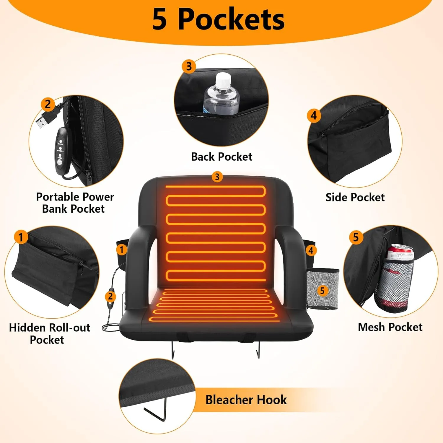 Suteck Dual-Side Heated Stadium Seat with Back Support, Wide Cushion, Foldable Bleacher Chair W/USB 3-Level Heating, 5 Storage Pockets – Portable Stadium Chair for Outdoor Bleachers Camping Games