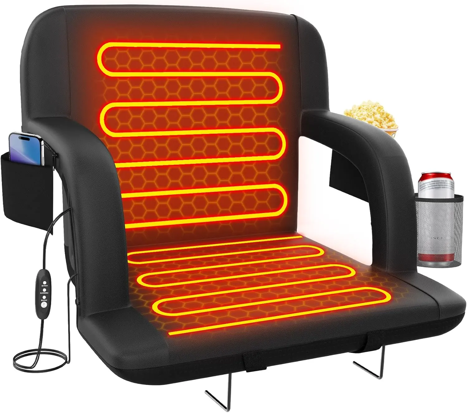 Suteck Dual-Side Heated Stadium Seat with Back Support, Wide Cushion, Foldable Bleacher Chair W/USB 3-Level Heating, 5 Storage Pockets – Portable Stadium Chair for Outdoor Bleachers Camping Games