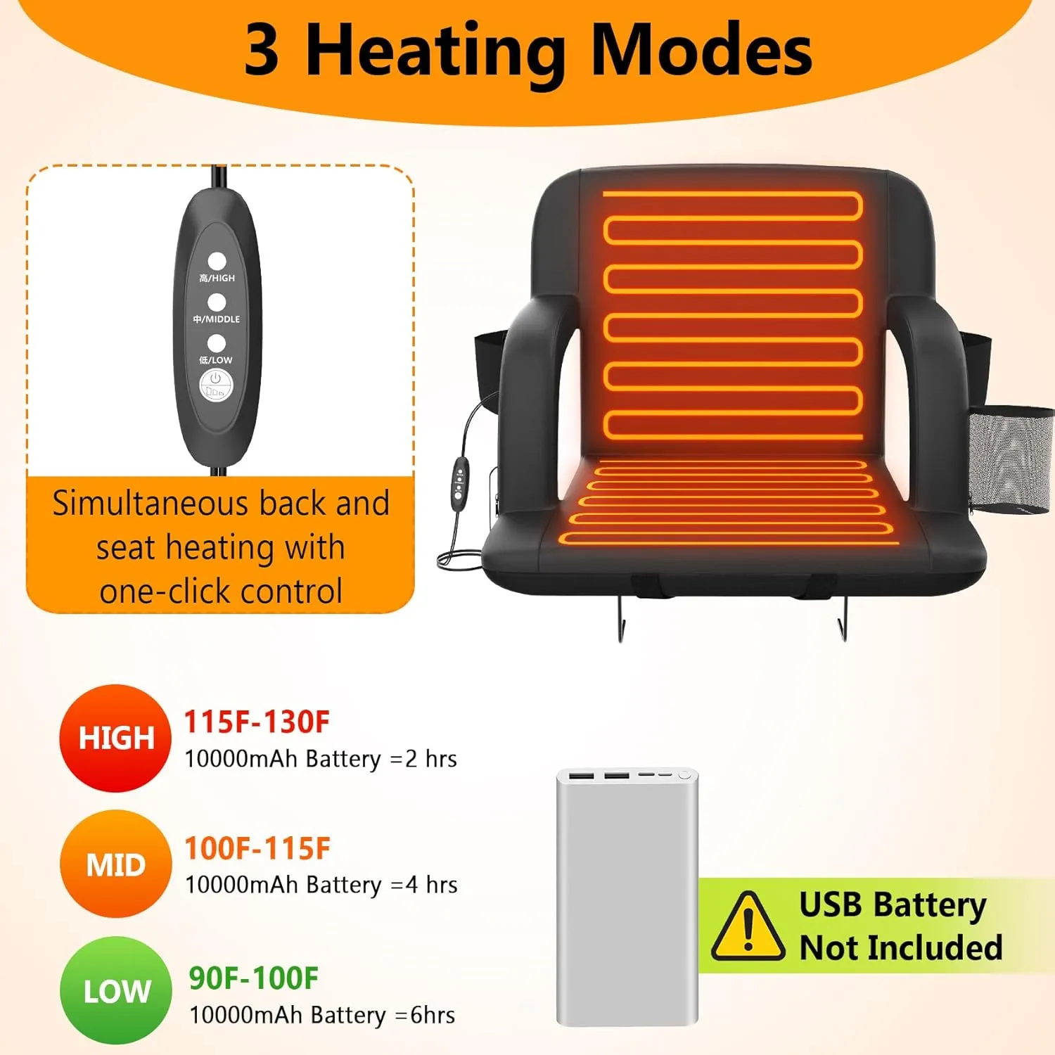 Suteck Dual-Side Heated Stadium Seat with Back Support, Wide Cushion, Foldable Bleacher Chair W/USB 3-Level Heating, 5 Storage Pockets – Portable Stadium Chair for Outdoor Bleachers Camping Games
